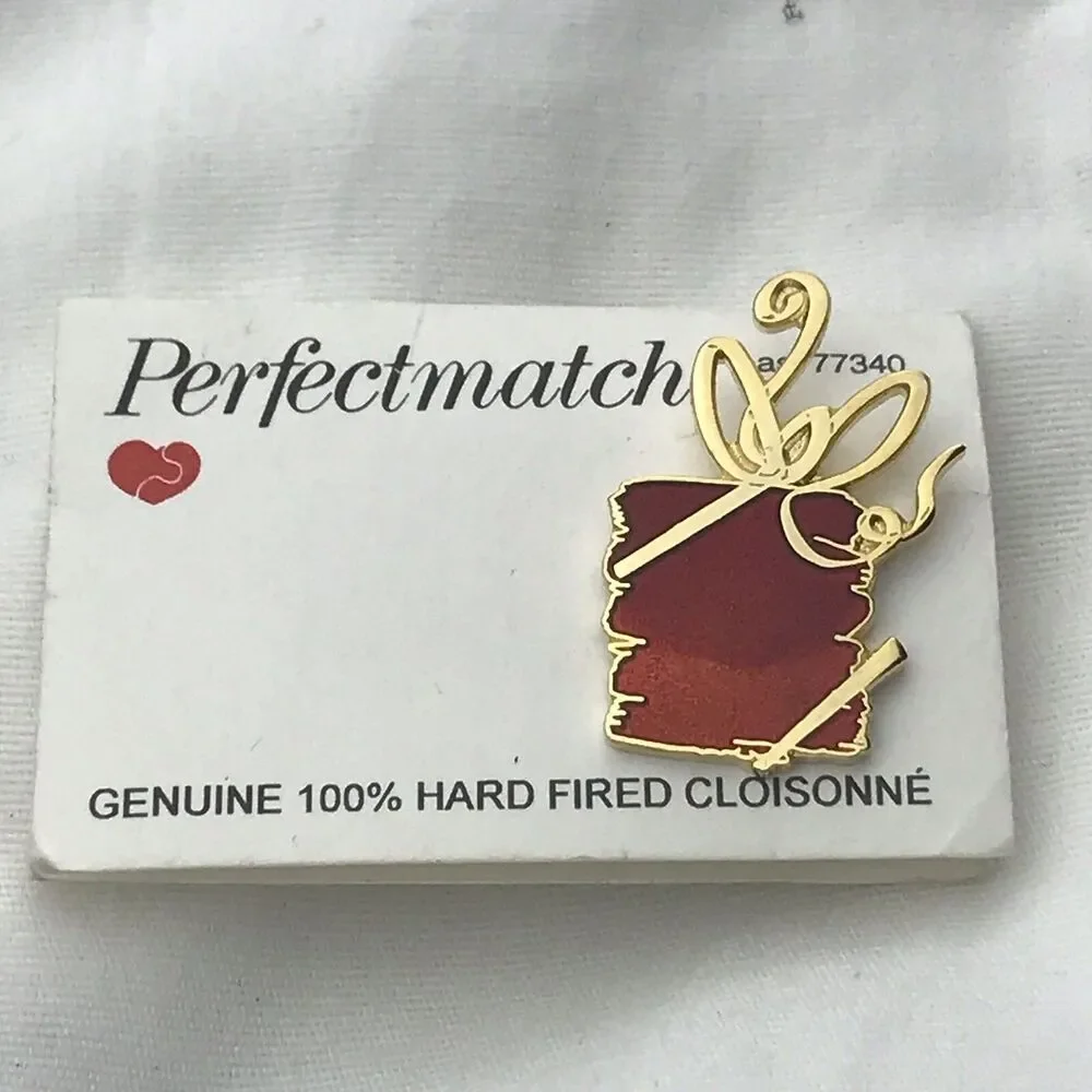 Present Cloisonne Gold Tone on Card Perfectmatch Vintage Pin Brooch Christmas